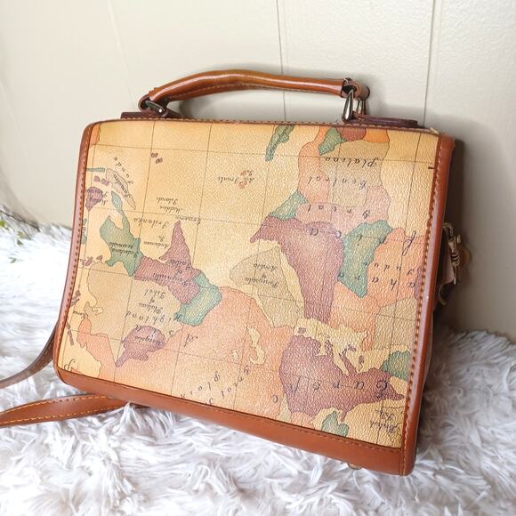 Vintage World Map Leather Hand Bag With Shoulder Strap Top Handle Crossbody - Picture 4 of 10
